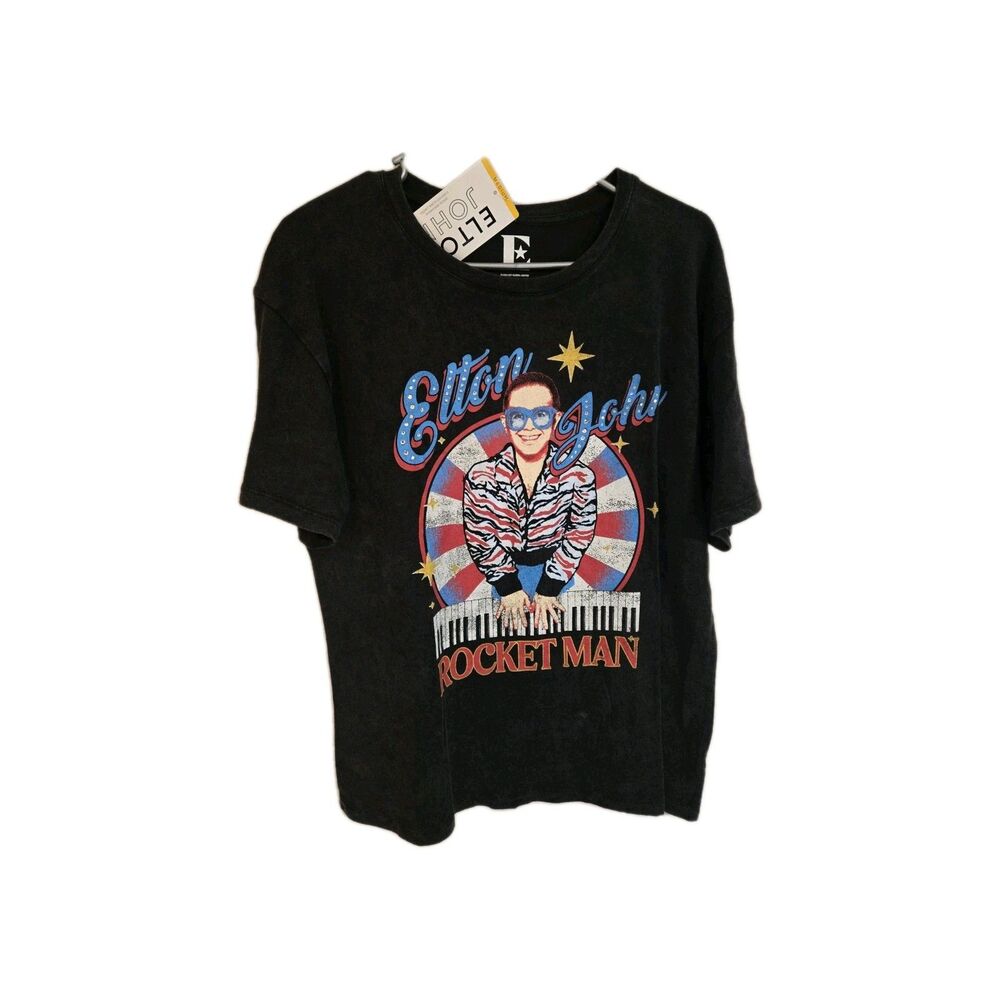 Elton John Rocket Man Graphic T Shirt Black L Cotton Concert Tour Retro Large